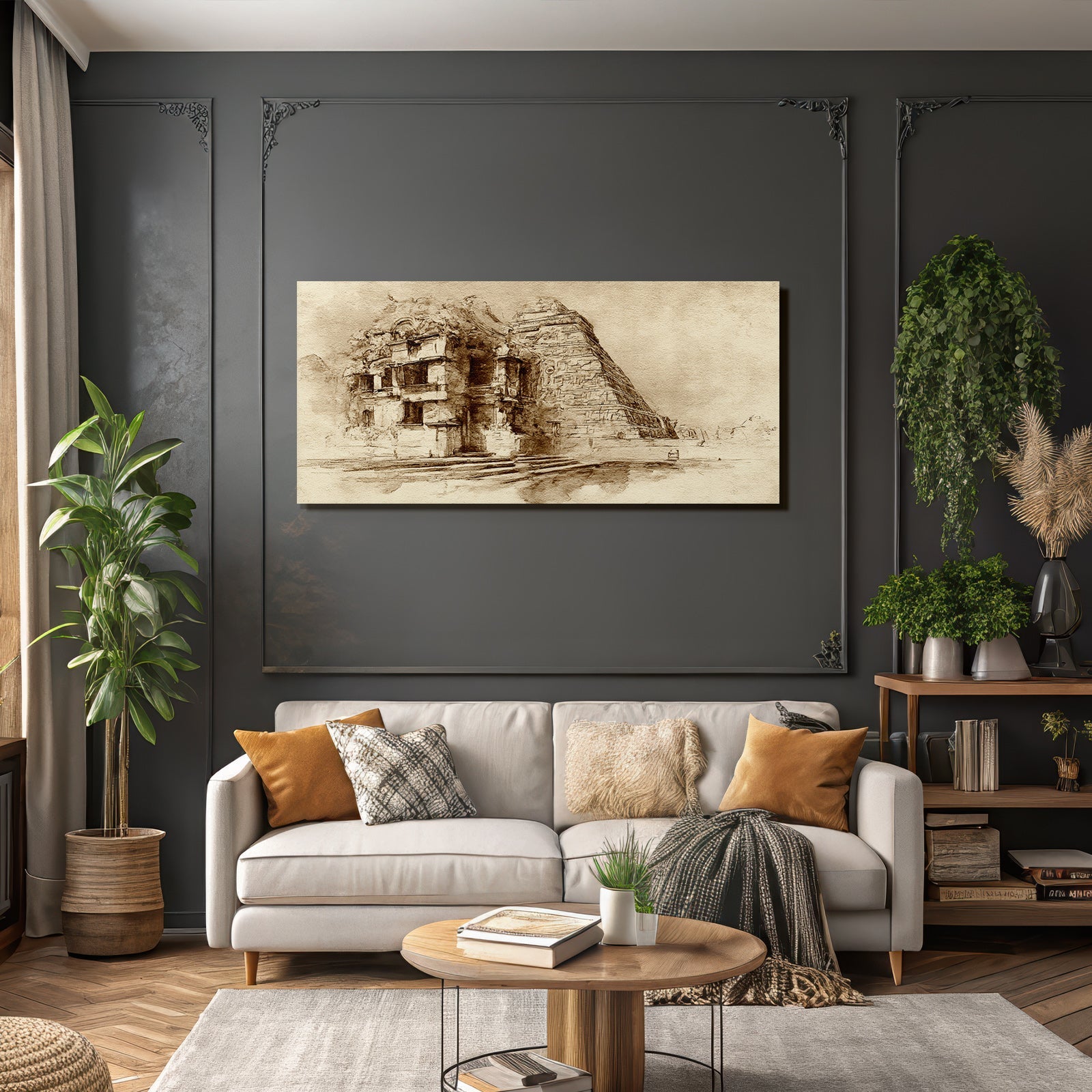 Sepiazeichnung Einer Mesoamerikanischen Pyramide