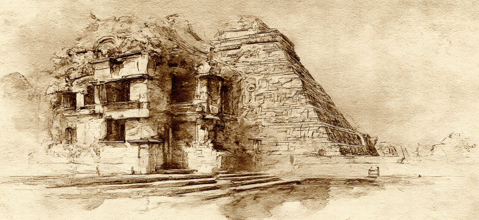 Sepiazeichnung Einer Mesoamerikanischen Pyramide | UNESCO Weltkulturerbe | Laender und Reisen