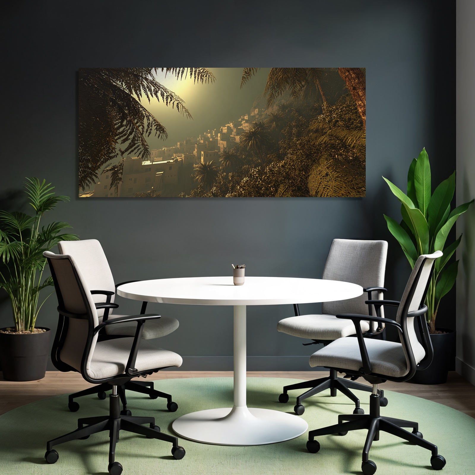 Siedlung In Gruner Berglandschaft Bei Abendlicht