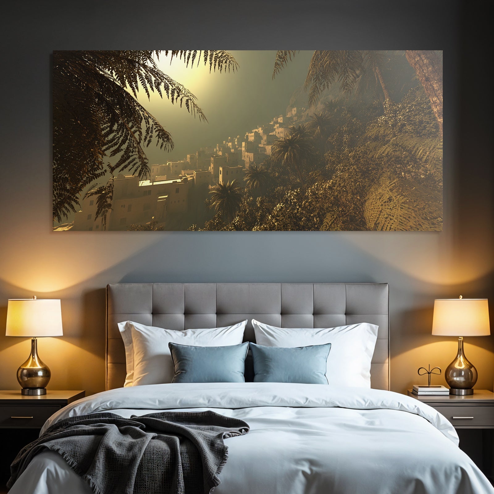 Siedlung In Gruner Berglandschaft Bei Abendlicht