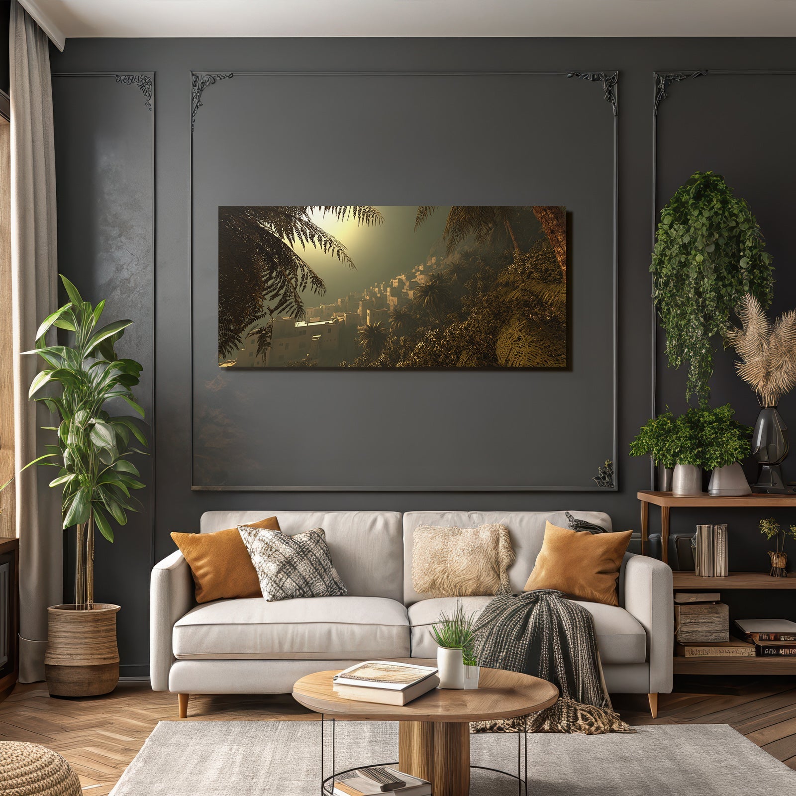 Siedlung In Gruner Berglandschaft Bei Abendlicht