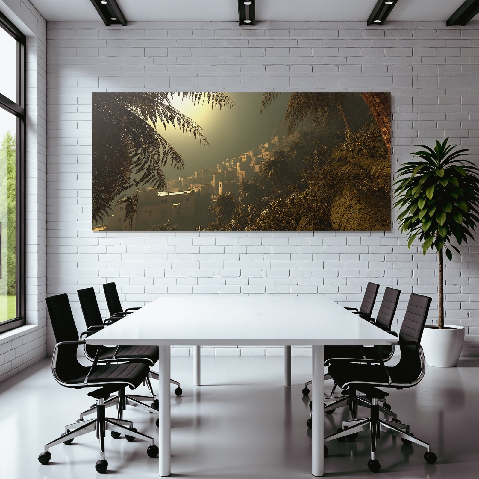 Siedlung In Gruner Berglandschaft Bei Abendlicht