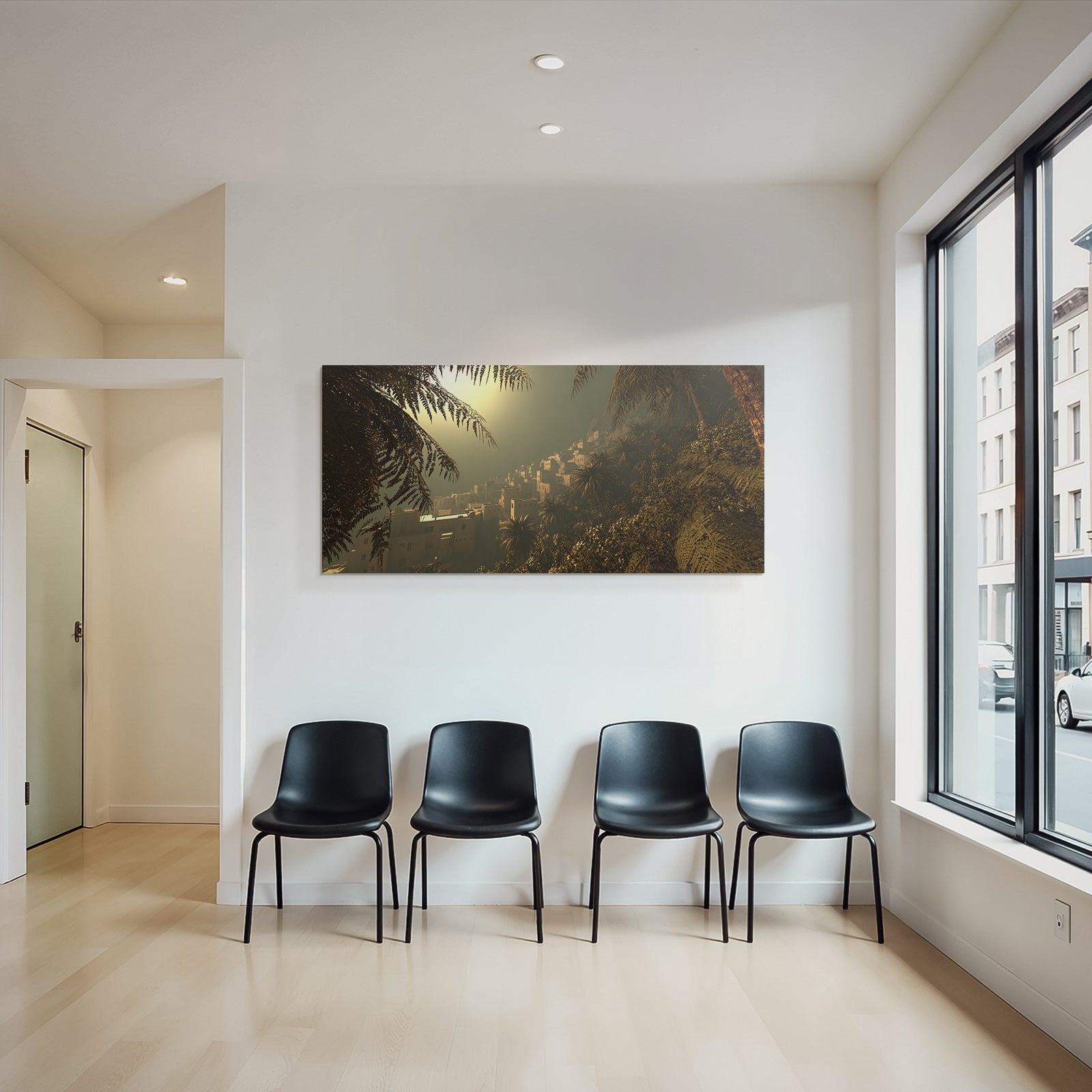 Siedlung In Gruner Berglandschaft Bei Abendlicht