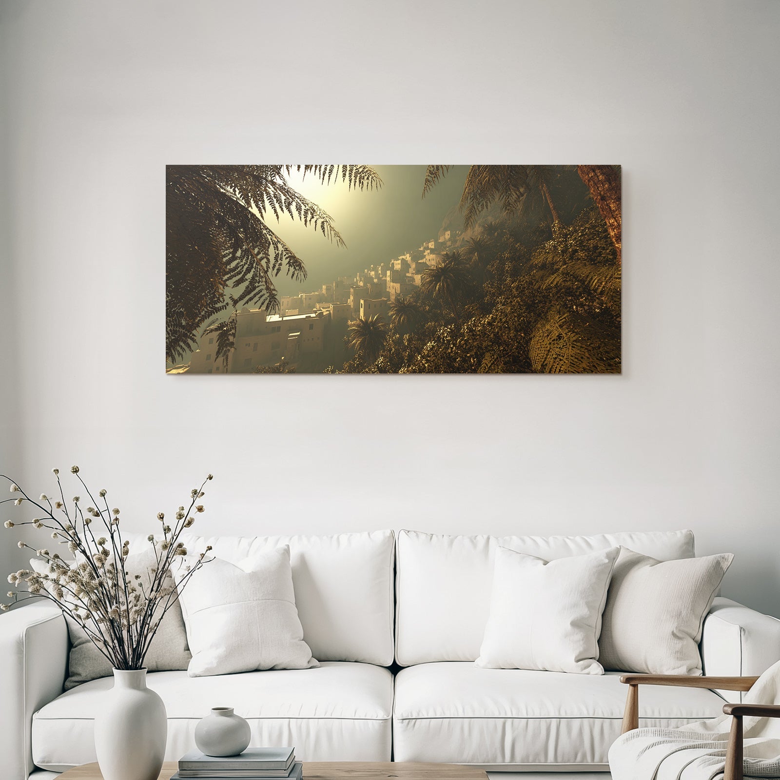 Siedlung In Gruner Berglandschaft Bei Abendlicht