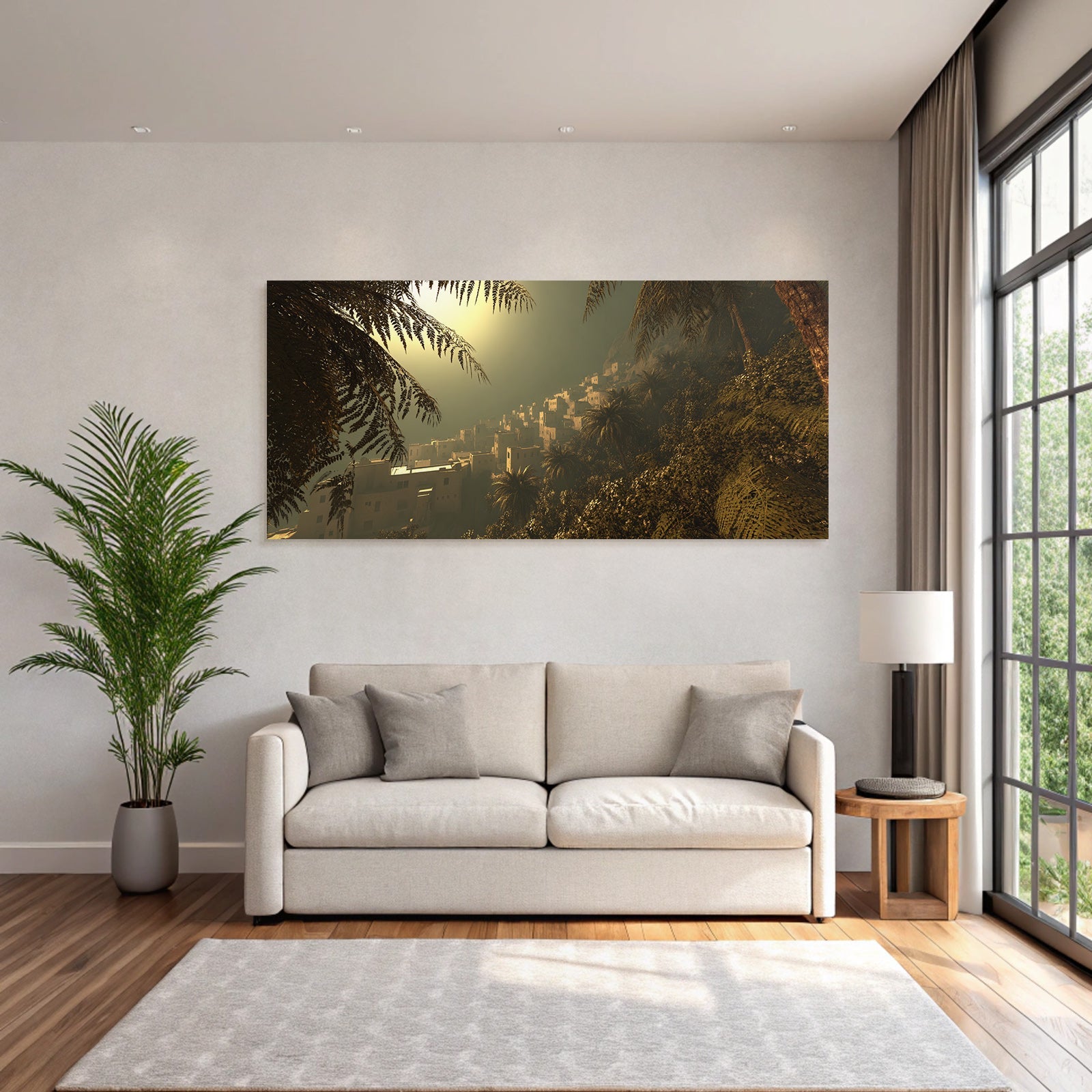 Siedlung In Gruner Berglandschaft Bei Abendlicht