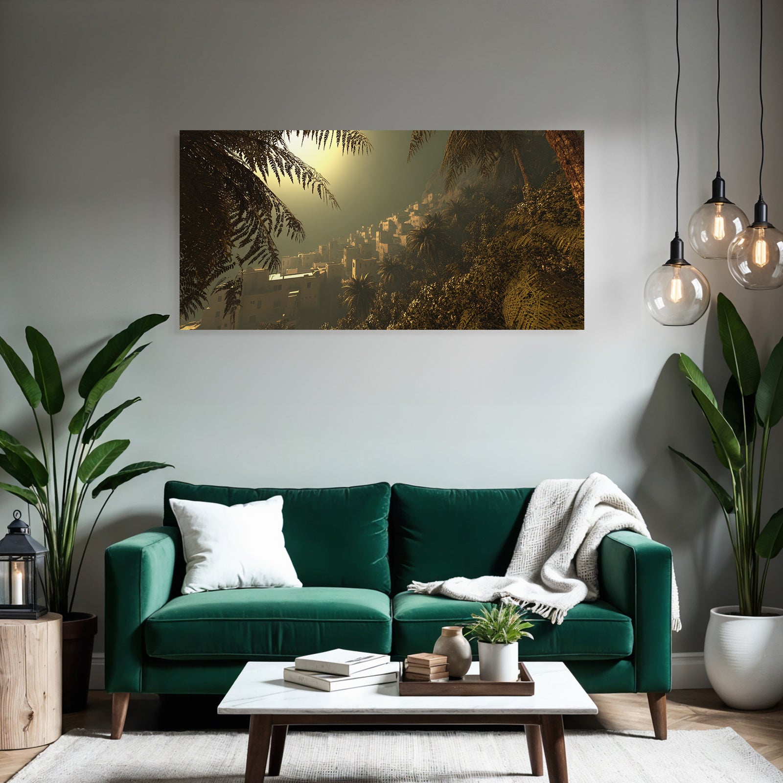 Siedlung In Gruner Berglandschaft Bei Abendlicht