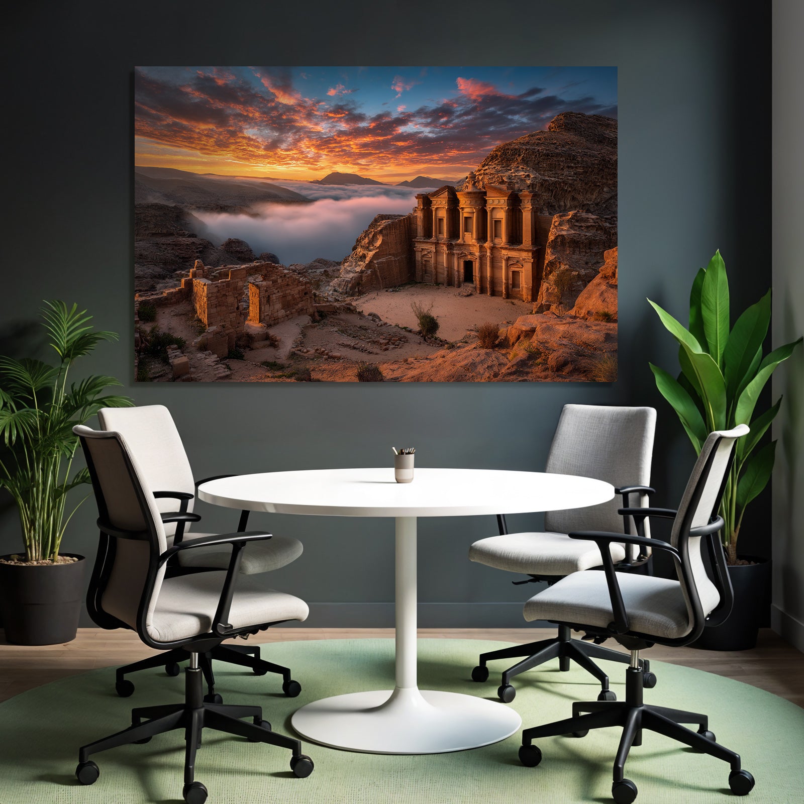 Sunrise over Petra Rock Tomb with Cloud Valley