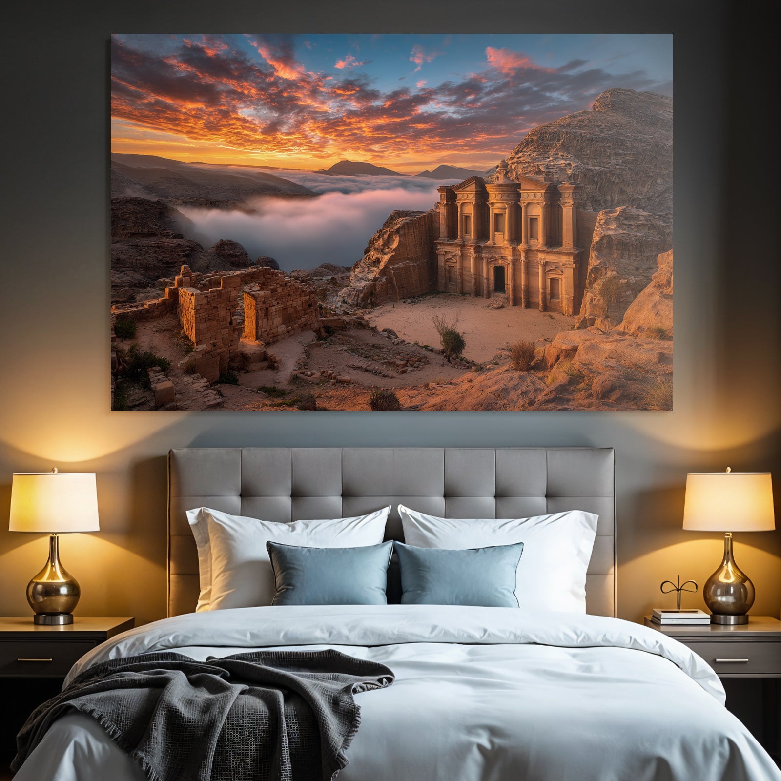 Sunrise over Petra Rock Tomb with Cloud Valley