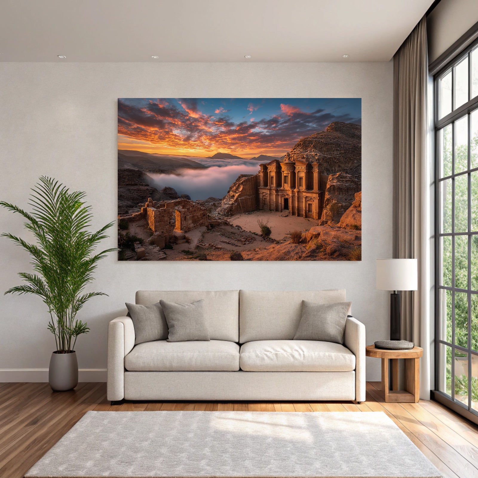 Sunrise over Petra Rock Tomb with Cloud Valley