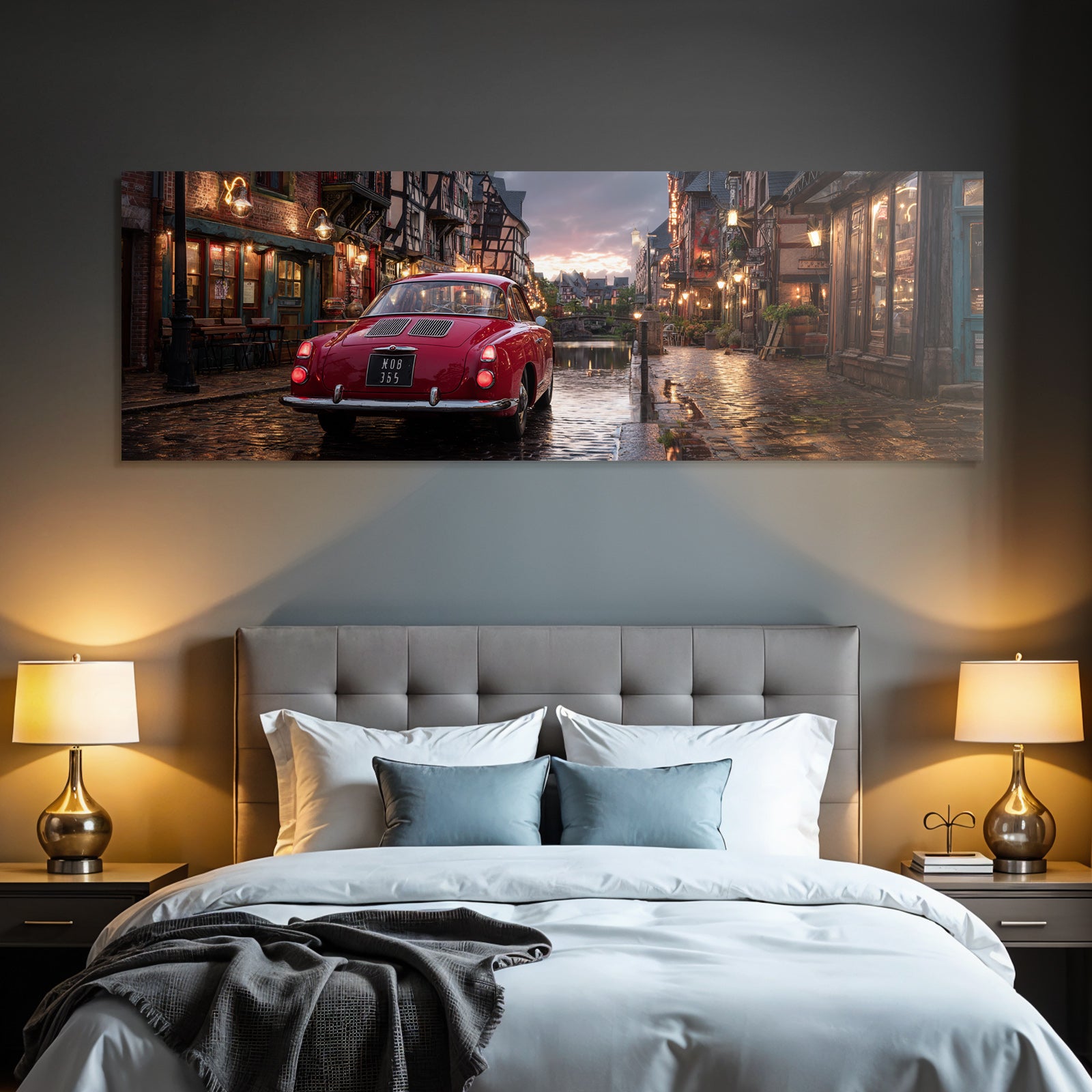 Cobblestone Street With Charming Buildings And Vintage Car Dusk