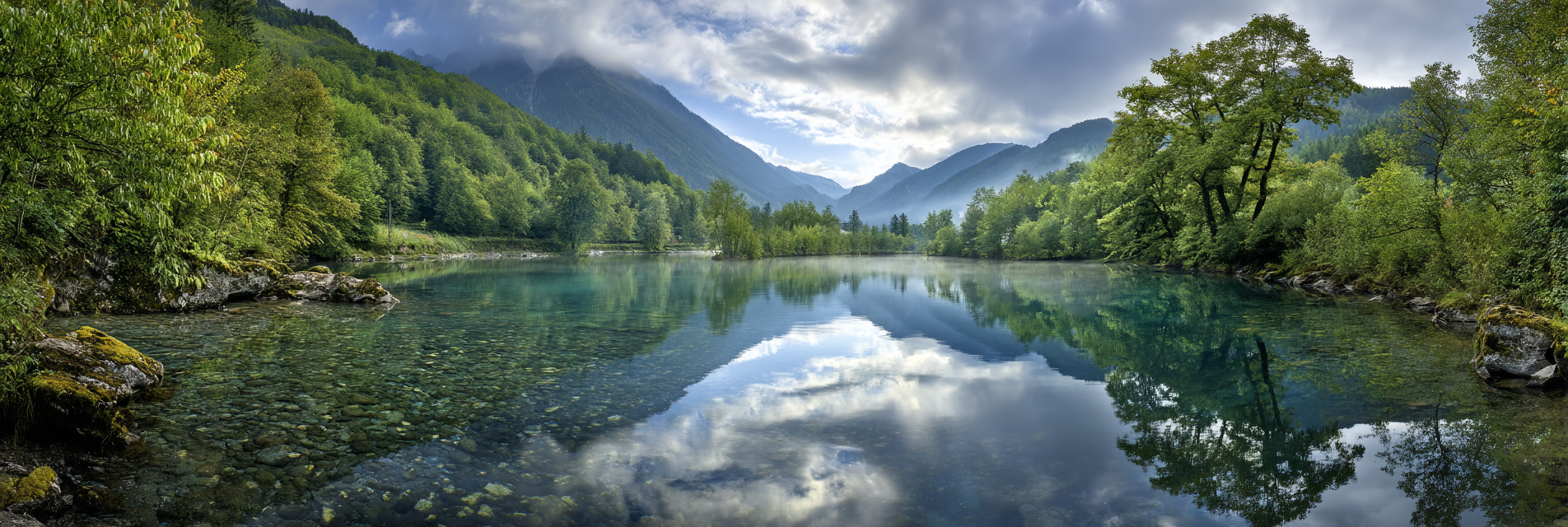 Ruhige Natur Landschaft See Umgeben Von Grünen Baeumen Und Bergen | Seen und Unterwasserwelten | Landschaften