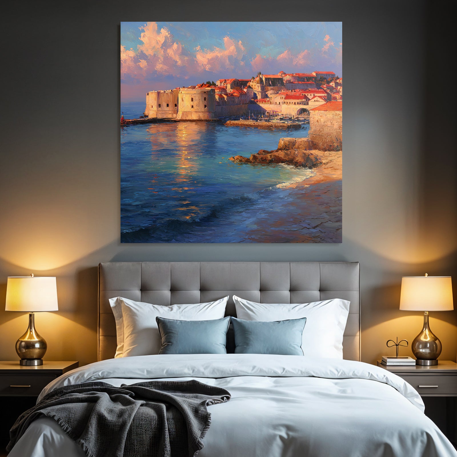Küstendorf Mit Hafen Und Befestigungsanlage Impressionistisch