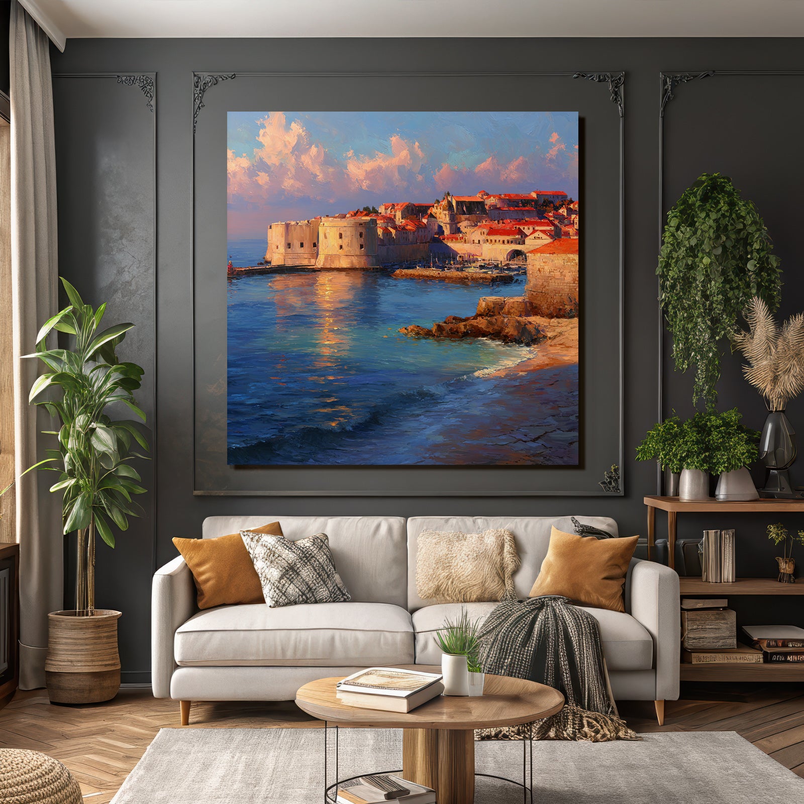 Küstendorf Mit Hafen Und Befestigungsanlage Impressionistisch