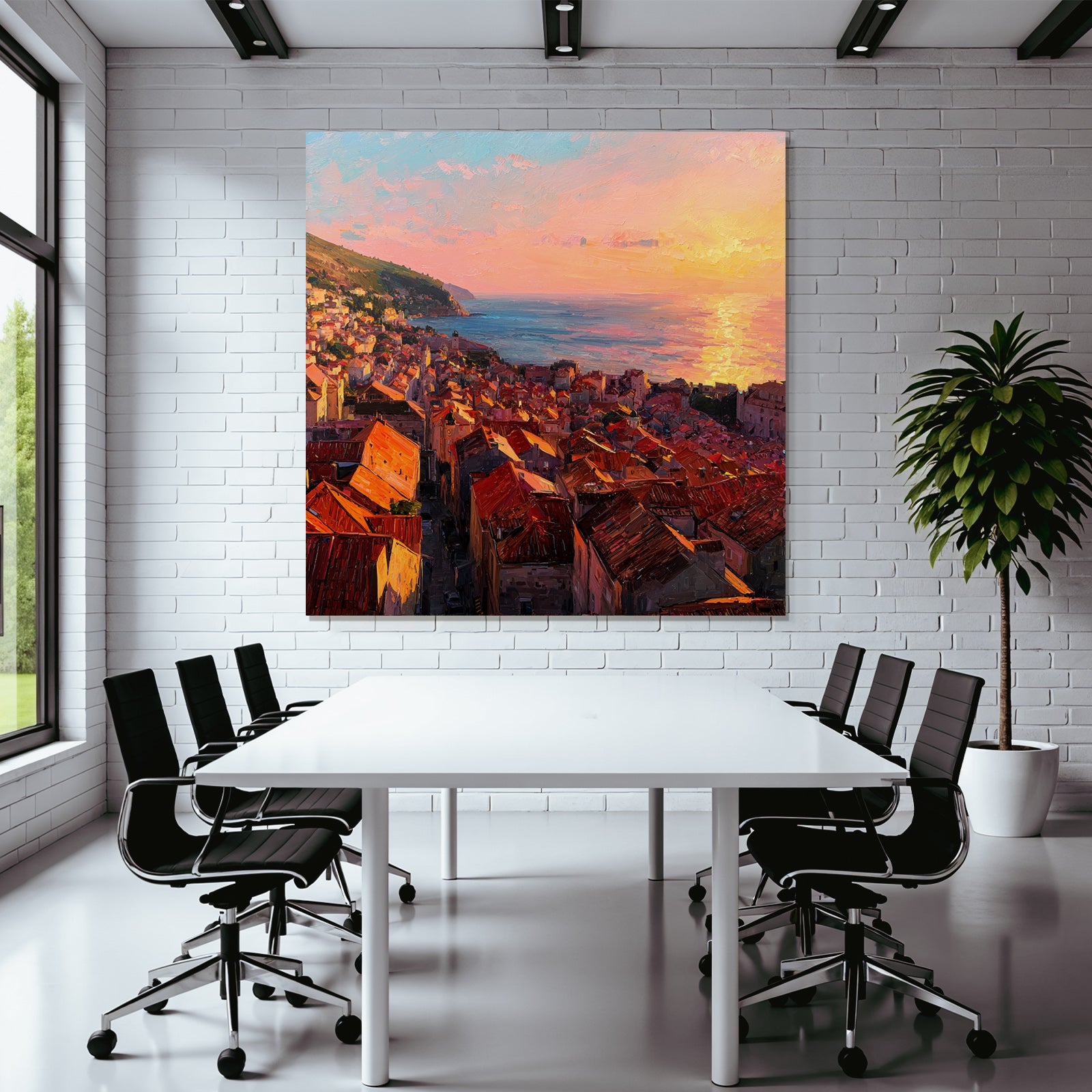 Küstenstadt Beim Sonnenuntergang Mit Pastellfarbenem Himmel