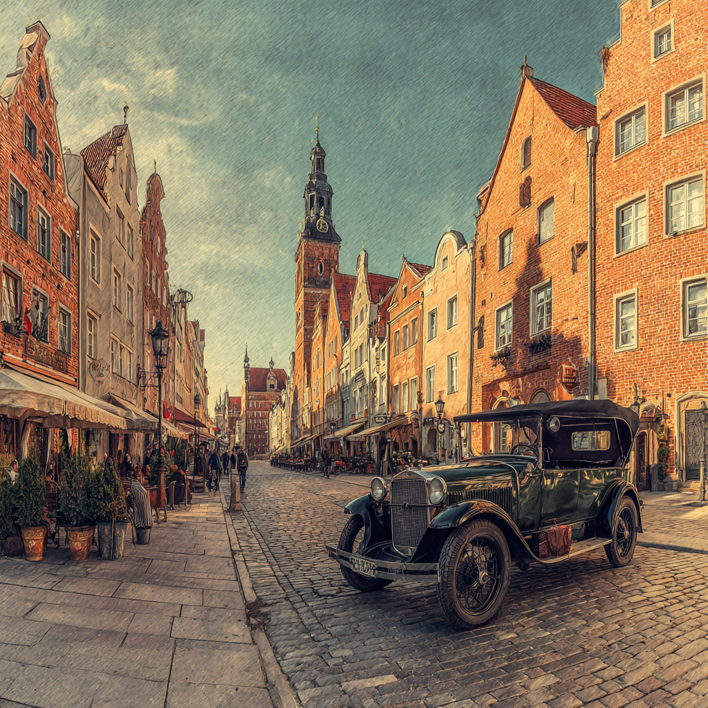 Malerische Strassenszene Mit Vintage Auto Und Historischen Gebaüden | Seen und Unterwasserwelten | Landschaften