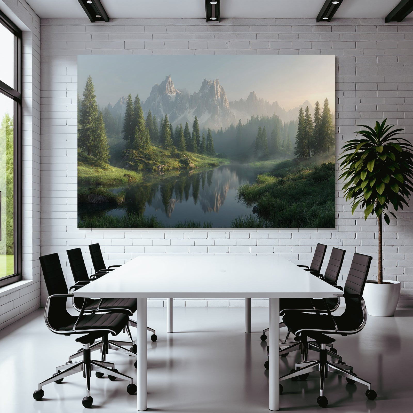 Friedliche Landschaft Gebaeude Mit Bergzug Und See