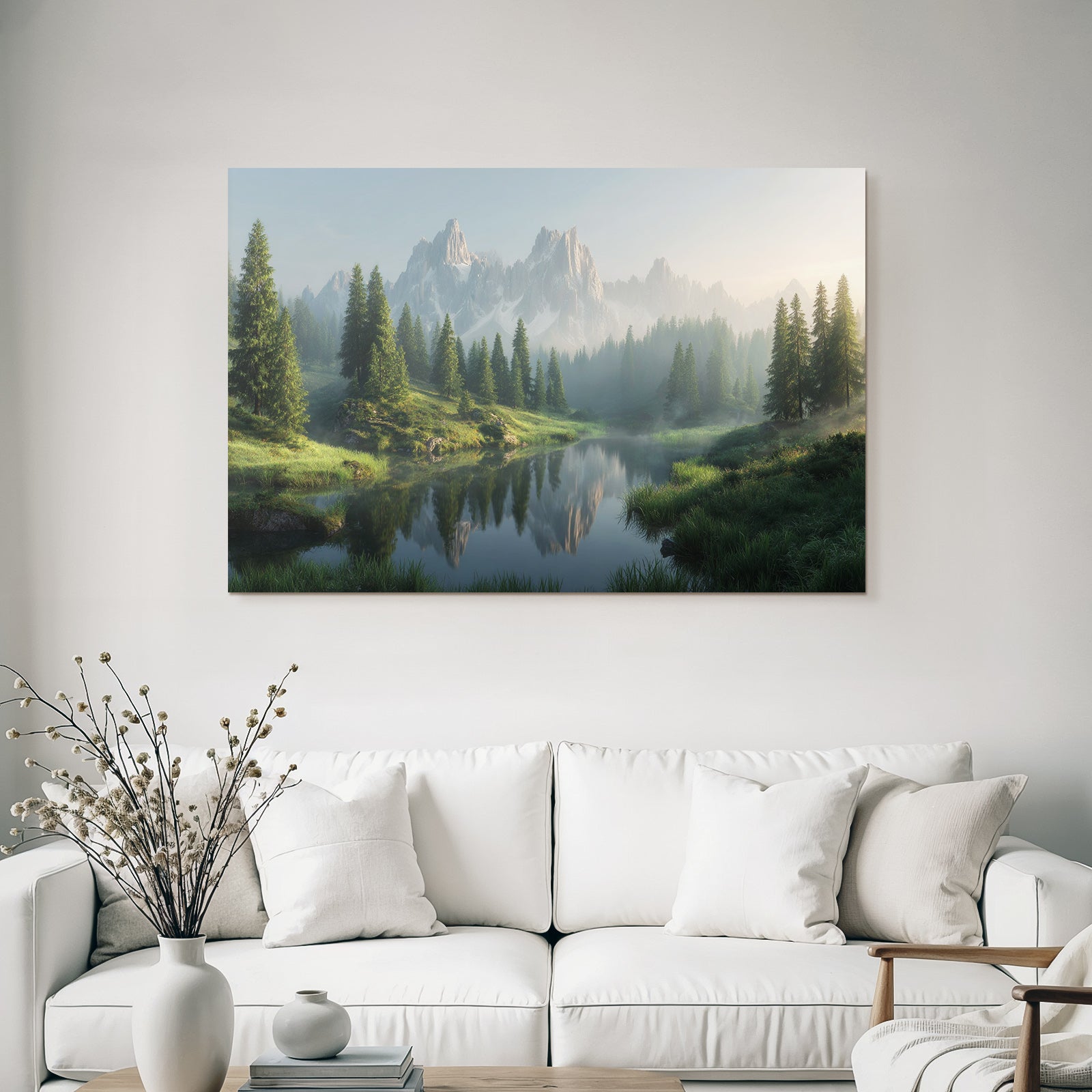 Friedliche Landschaft Gebaeude Mit Bergzug Und See
