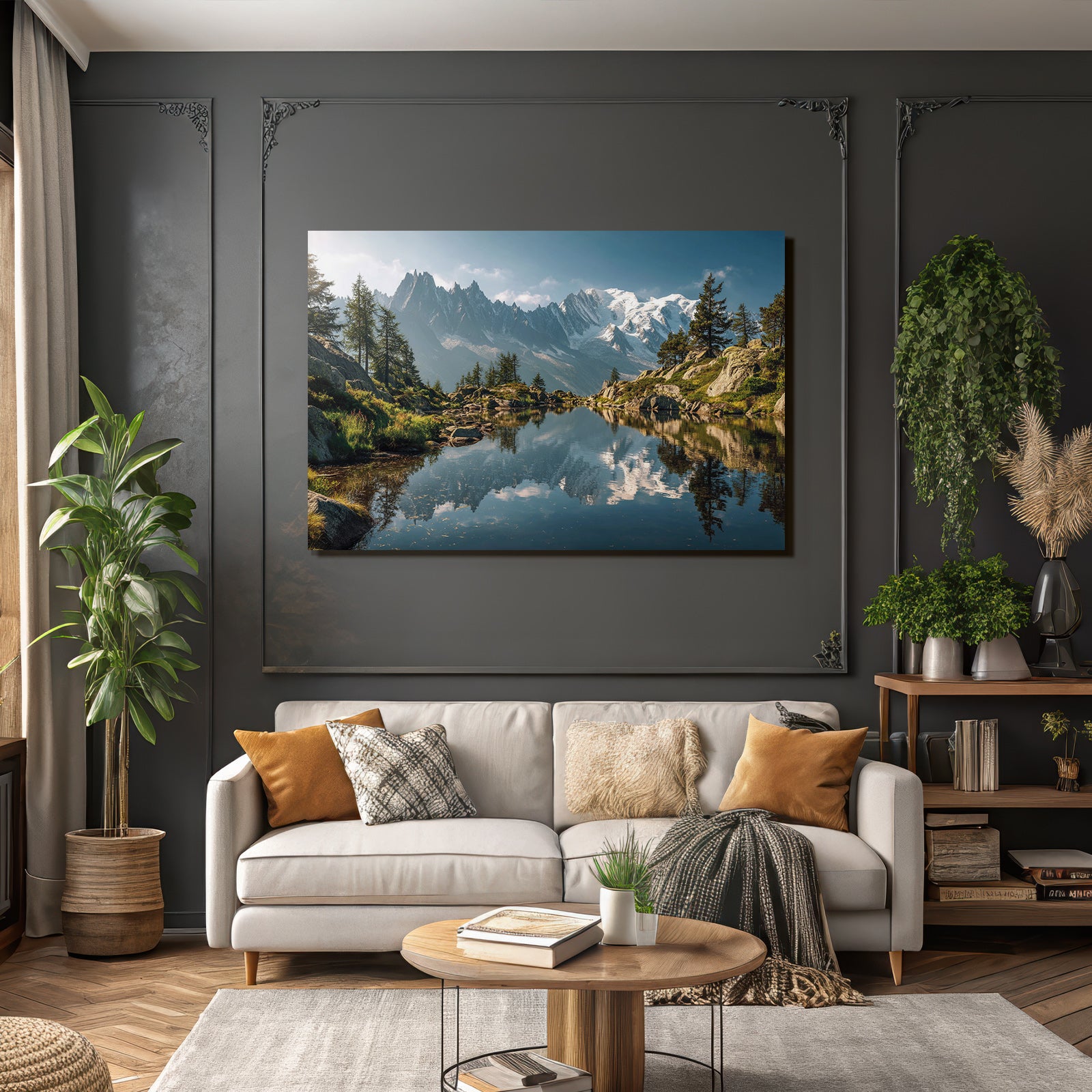 Friedliche Natur Landschaft Mit Schneebedeckten Bergen Und Reflektierendem Wasser