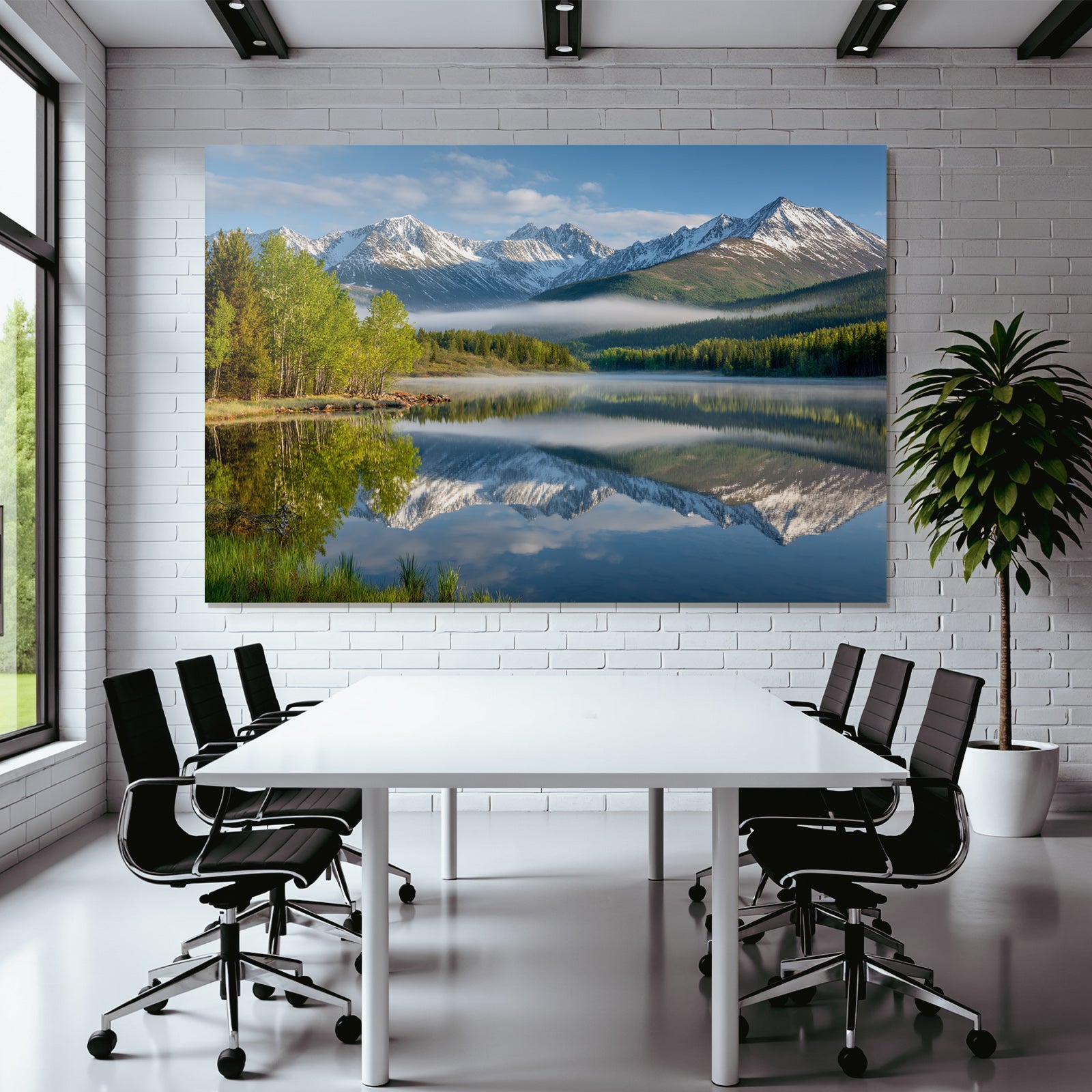 Friedlicher Natur See Mit Schneebedeckten Bergen Und Nebel