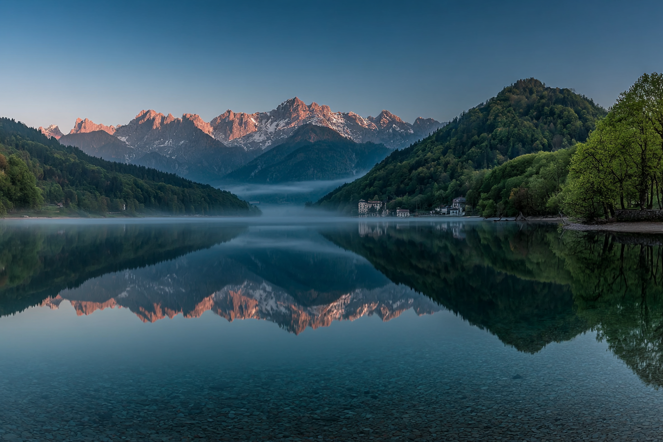Friedlicher See Umgeben Von Bergen Sanftes Morgengraün Spiegelung | Seen und Unterwasserwelten | Landschaften