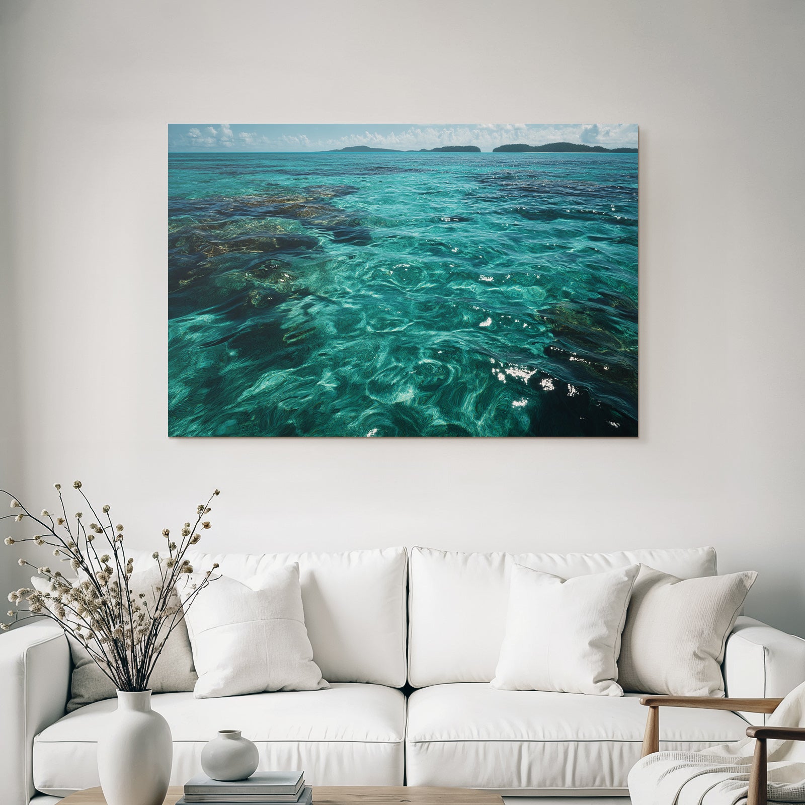 Klares Ozean Szenario Mit Türkisfarbenem Wasser Und Insel Horizont