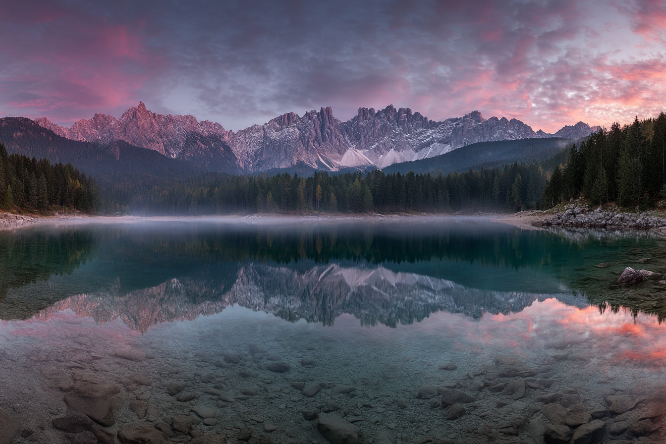 Ruhevolle Landlandschaft See Berge Sonnenaufgang Reflexionen | Seen und Unterwasserwelten | Landschaften