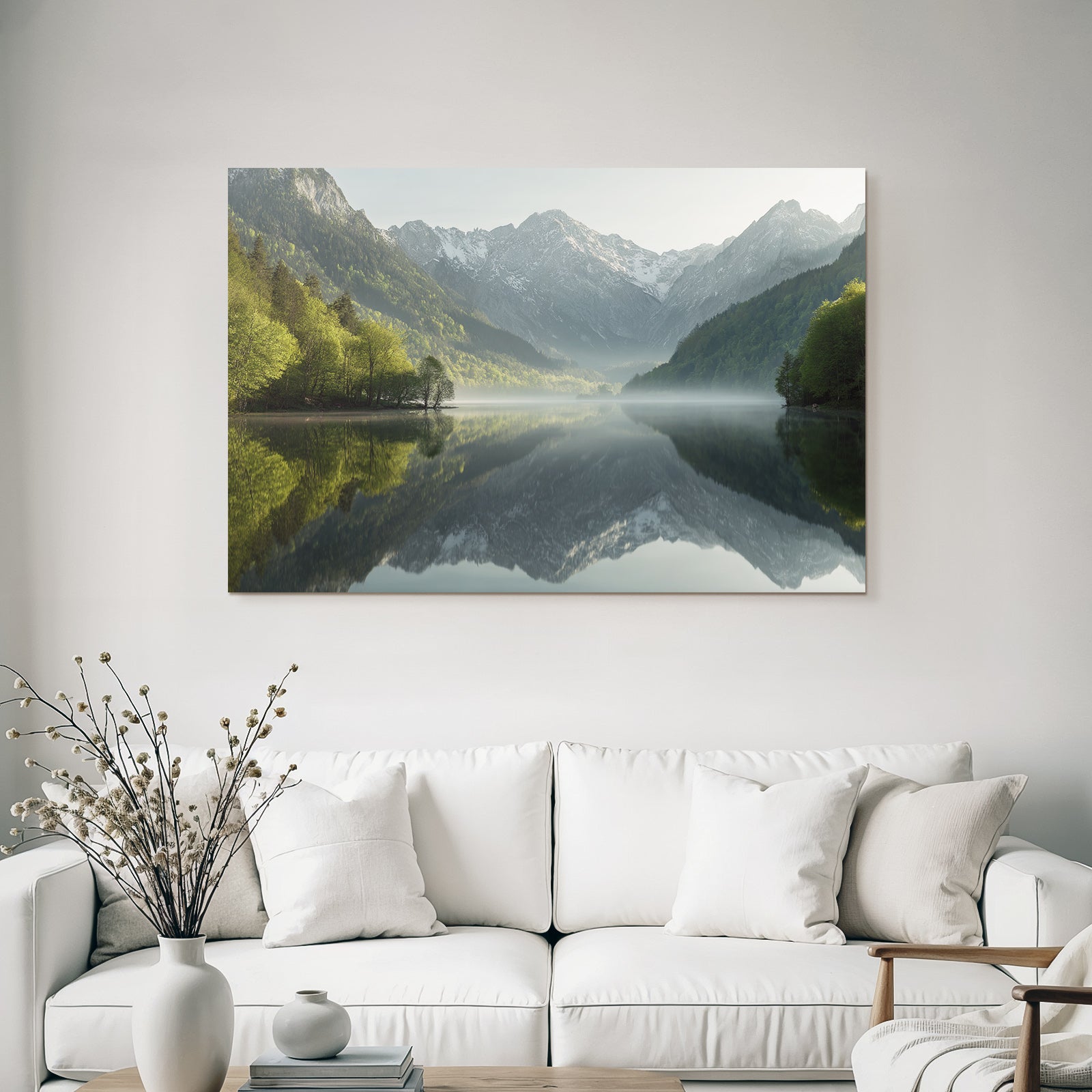 Ruhige Landschaft Mit See Und Bergen Morgendlicher Nebel