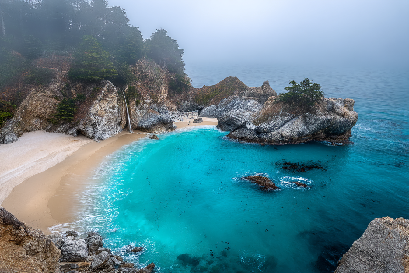 Secluded Beach With Turquoise Waters And Waterfall In Misty Coastal Landscape | Straende und Kuesten | Landschaften