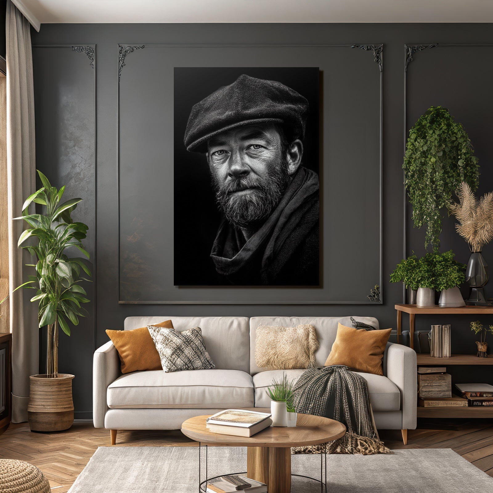 Schwarz Weiss Porträt Eines Mannes Mit Bart Kappe Und Schalschneider