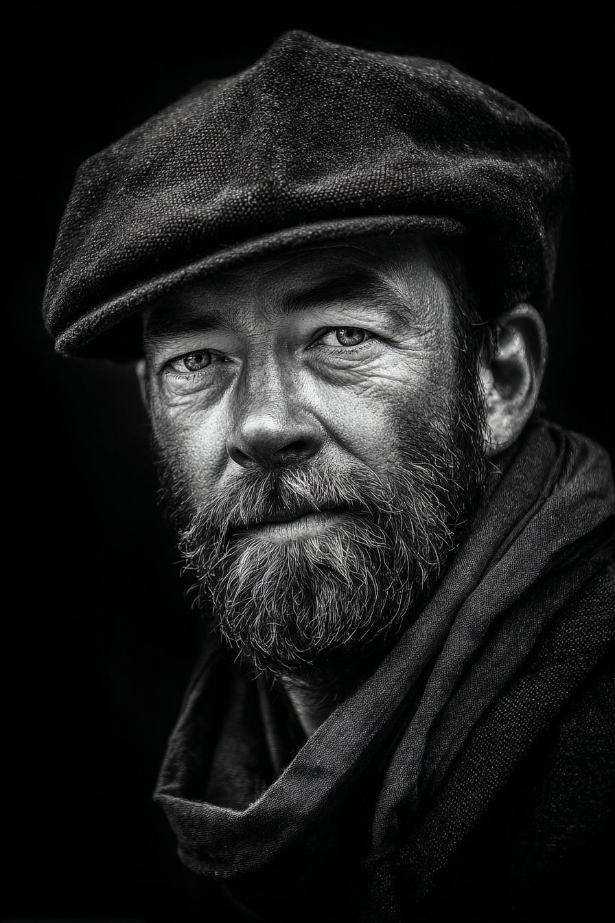 Schwarz Weiss Porträt Eines Mannes Mit Bart Kappe Und Schalschneider | Frauen und Maenner | Menschen und Emotionen