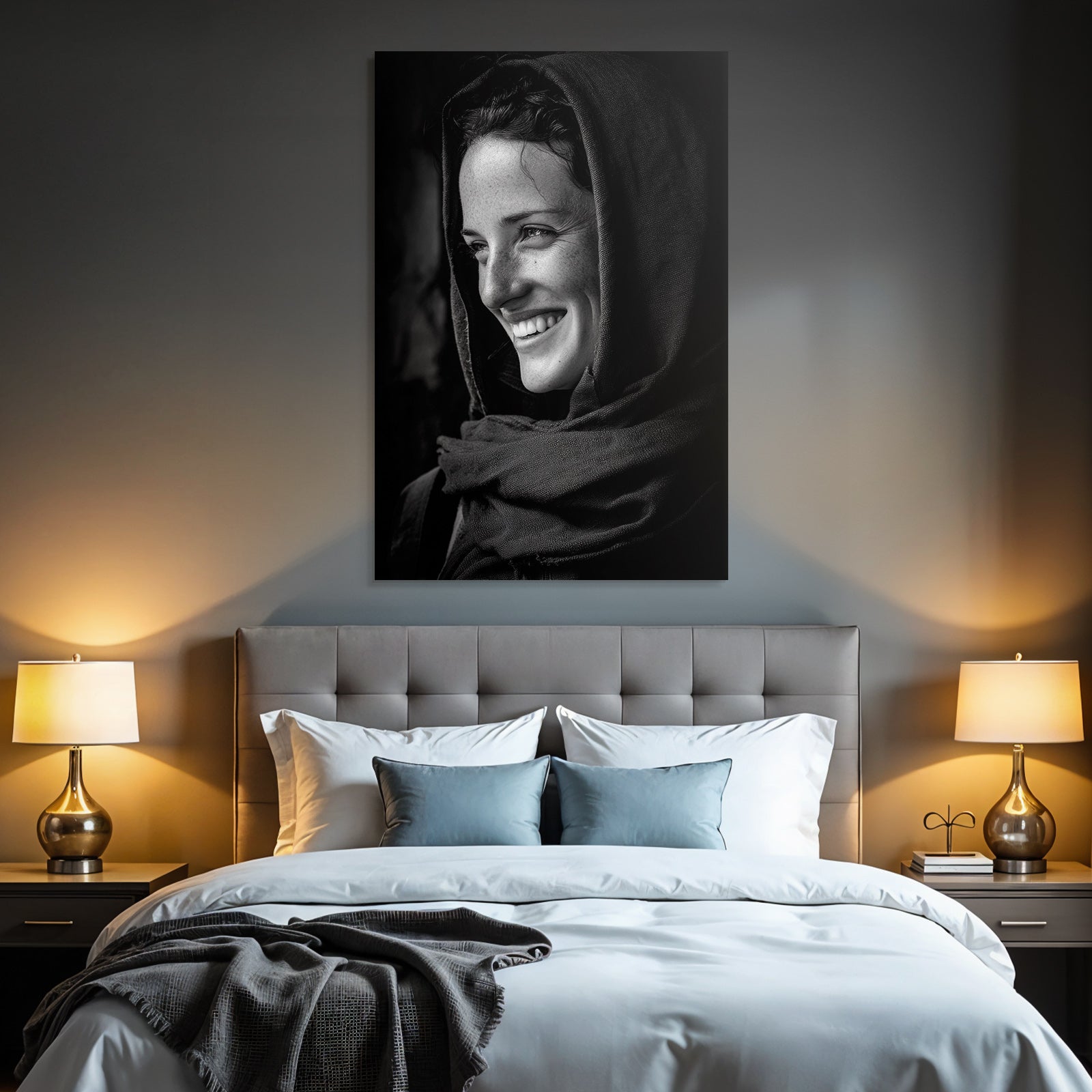 Schwarz Weiss Porträt Frau Lächeln Schal Aufgenommen Moment Von Freude