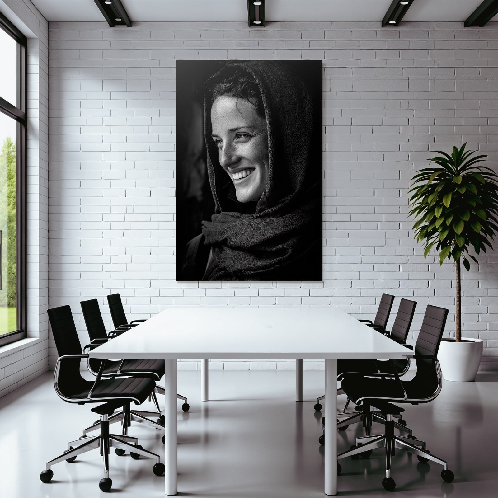 Schwarz Weiss Porträt Frau Lächeln Schal Aufgenommen Moment Von Freude