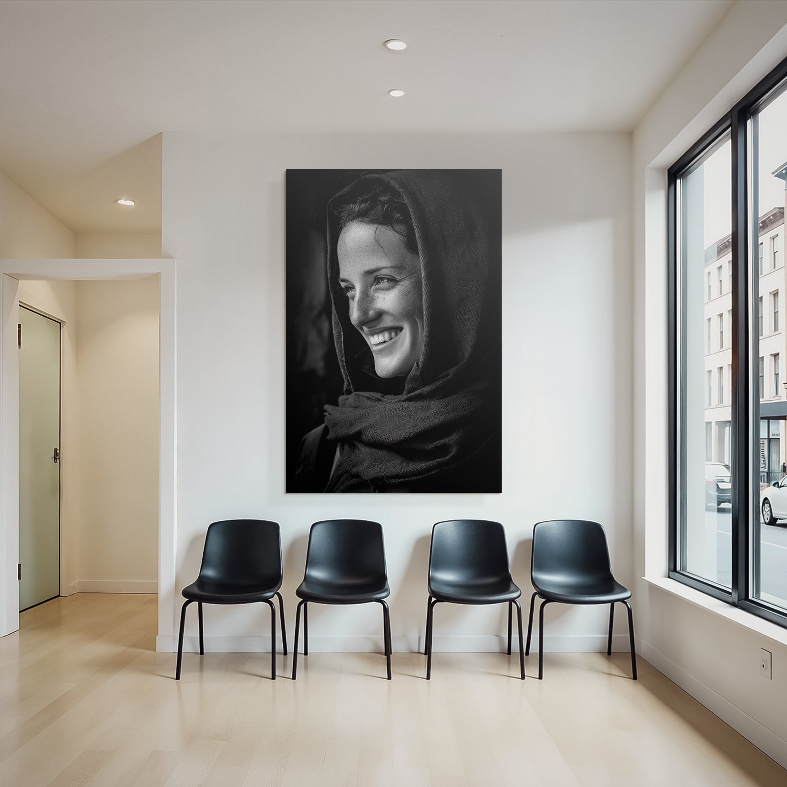 Schwarz Weiss Porträt Frau Lächeln Schal Aufgenommen Moment Von Freude