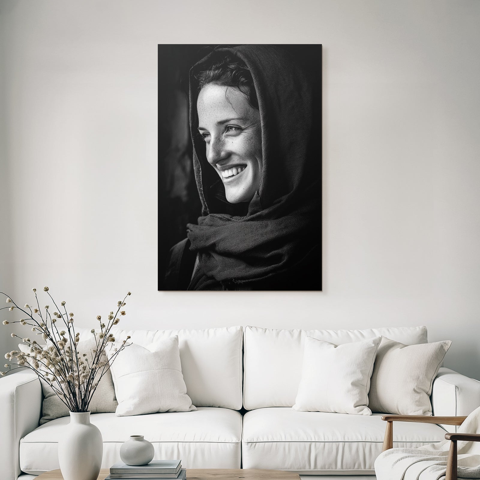 Schwarz Weiss Porträt Frau Lächeln Schal Aufgenommen Moment Von Freude