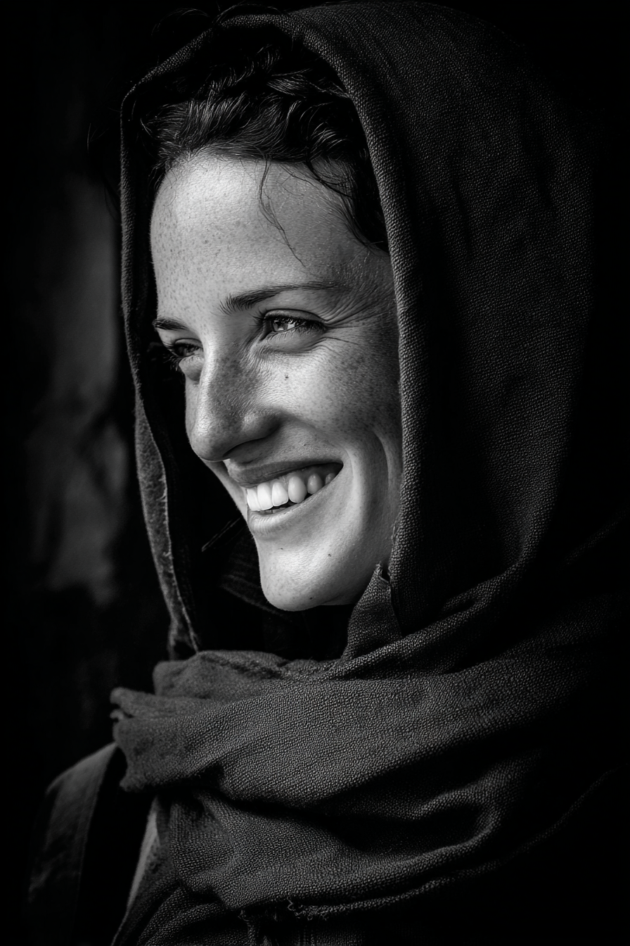 Schwarz Weiss Porträt Frau Lächeln Schal Aufgenommen Moment Von Freude | Frauen und Maenner | Menschen und Emotionen