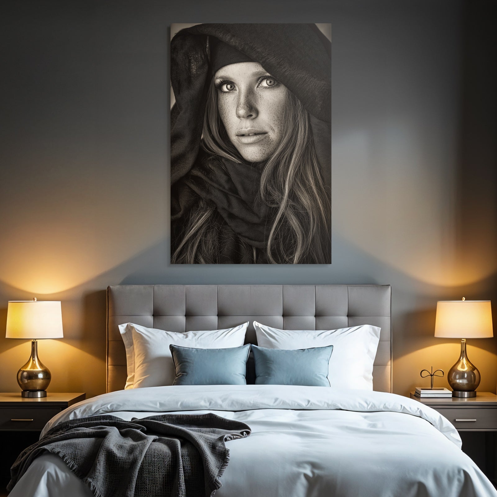 Schwarz Weiss Portrait Person Mit Langem Haar Intensive Blick