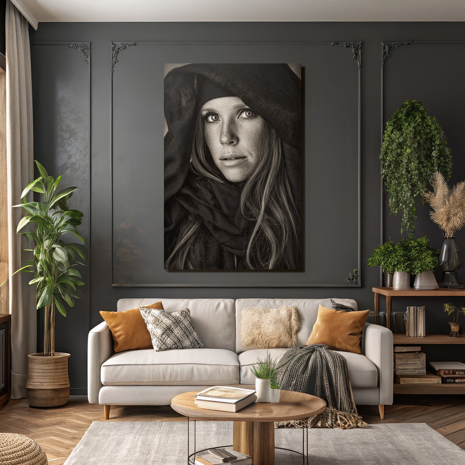 Schwarz Weiss Portrait Person Mit Langem Haar Intensive Blick