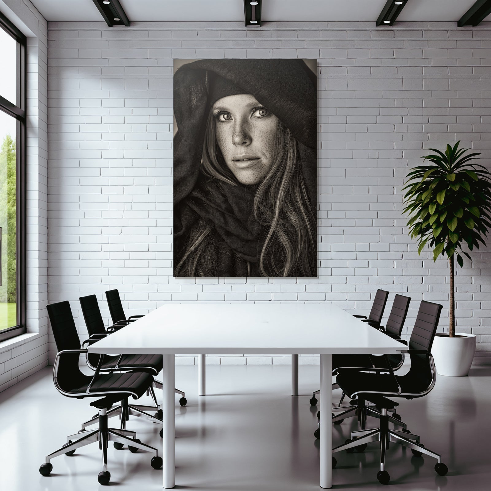 Schwarz Weiss Portrait Person Mit Langem Haar Intensive Blick