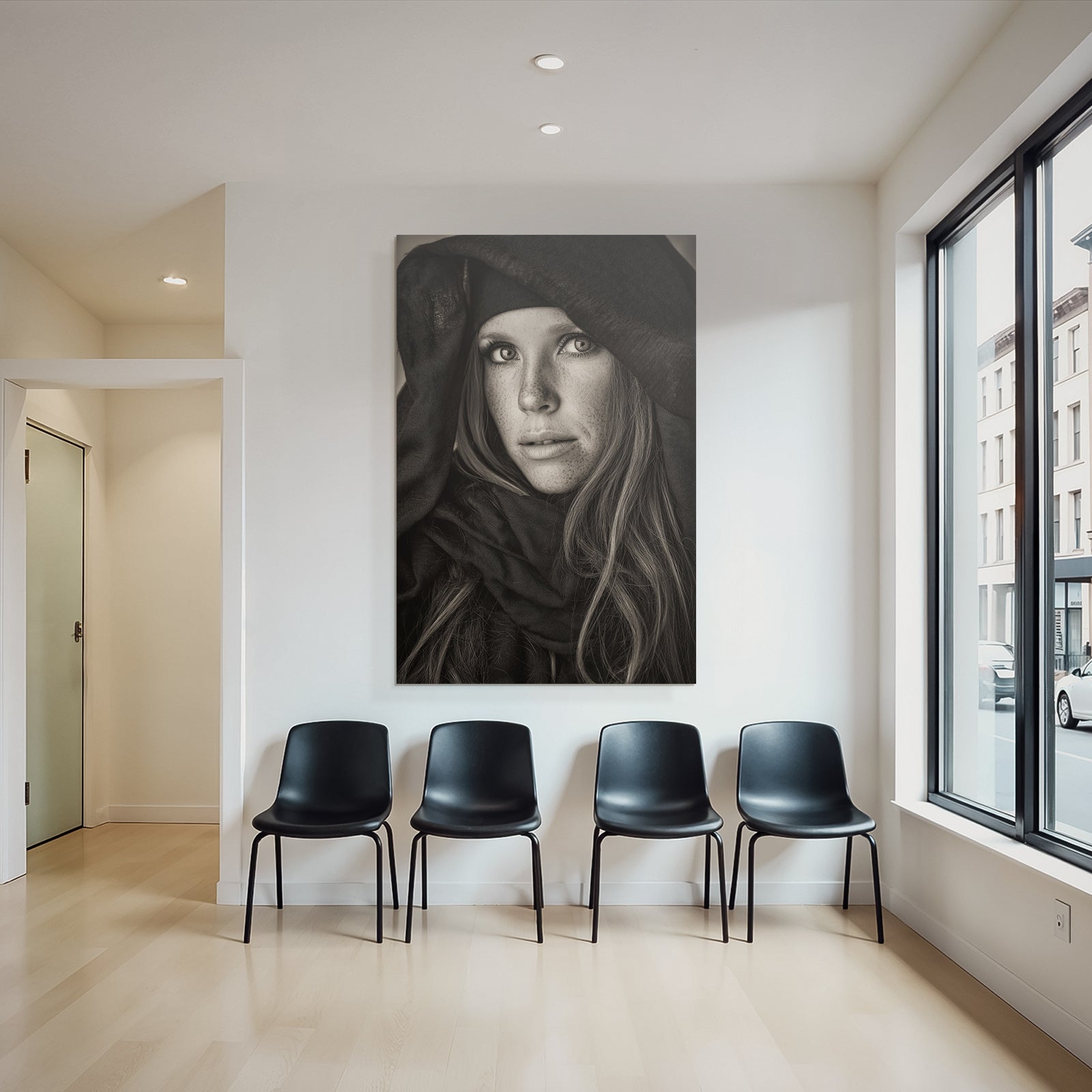 Schwarz Weiss Portrait Person Mit Langem Haar Intensive Blick