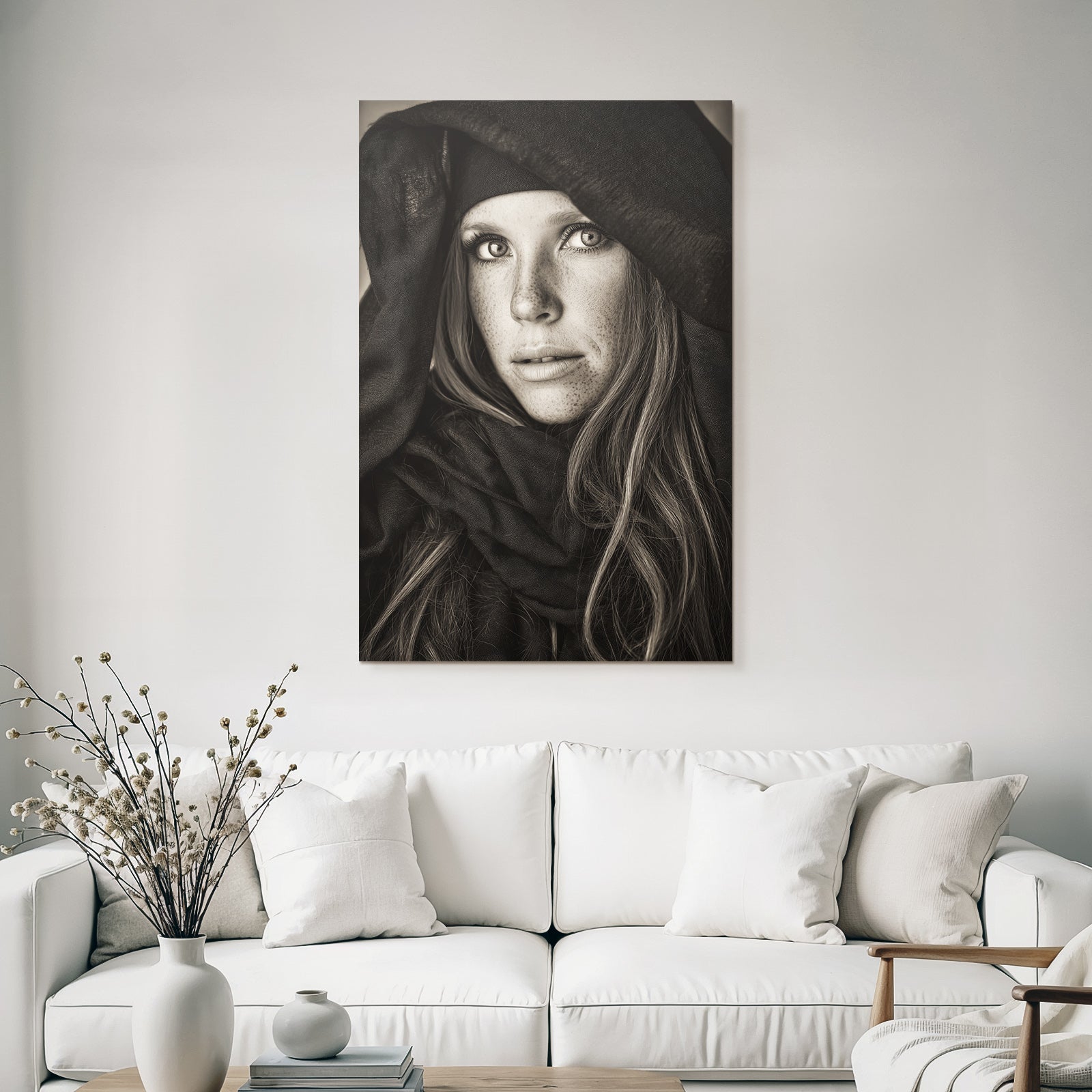 Schwarz Weiss Portrait Person Mit Langem Haar Intensive Blick