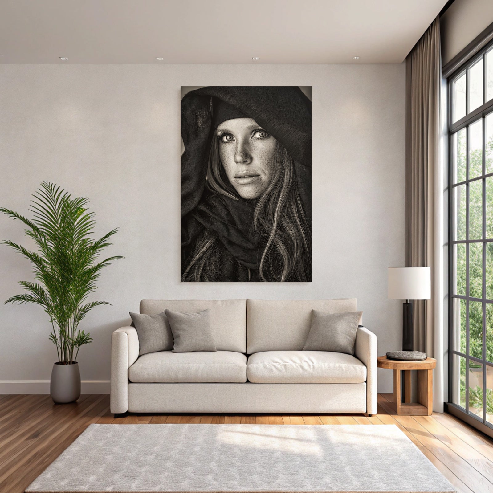 Schwarz Weiss Portrait Person Mit Langem Haar Intensive Blick