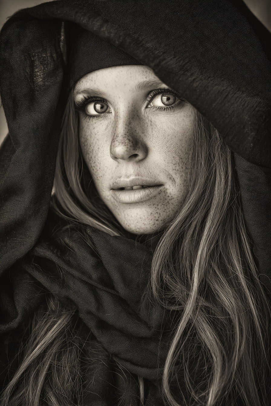 Schwarz Weiss Portrait Person Mit Langem Haar Intensive Blick | Frauen und Maenner | Menschen und Emotionen