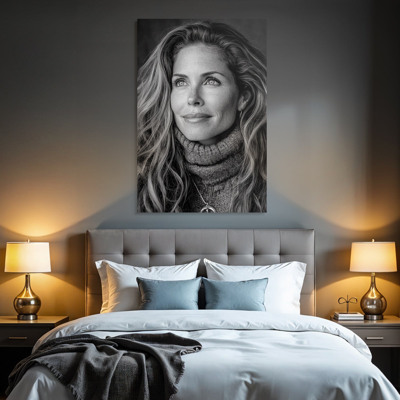 Schwarz Weisse Porträt Einer Frau Mit Langem Welligem Haar Im Turtleneck Sweater