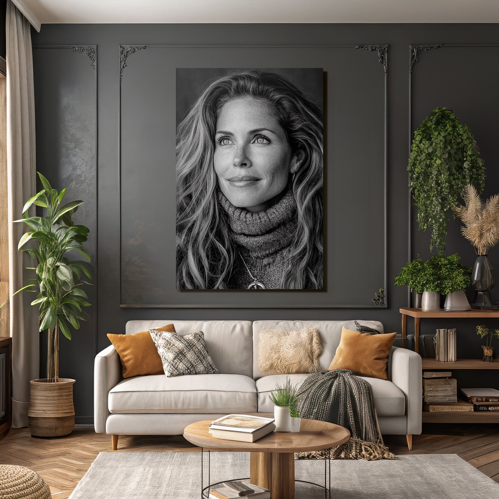 Schwarz Weisse Porträt Einer Frau Mit Langem Welligem Haar Im Turtleneck Sweater