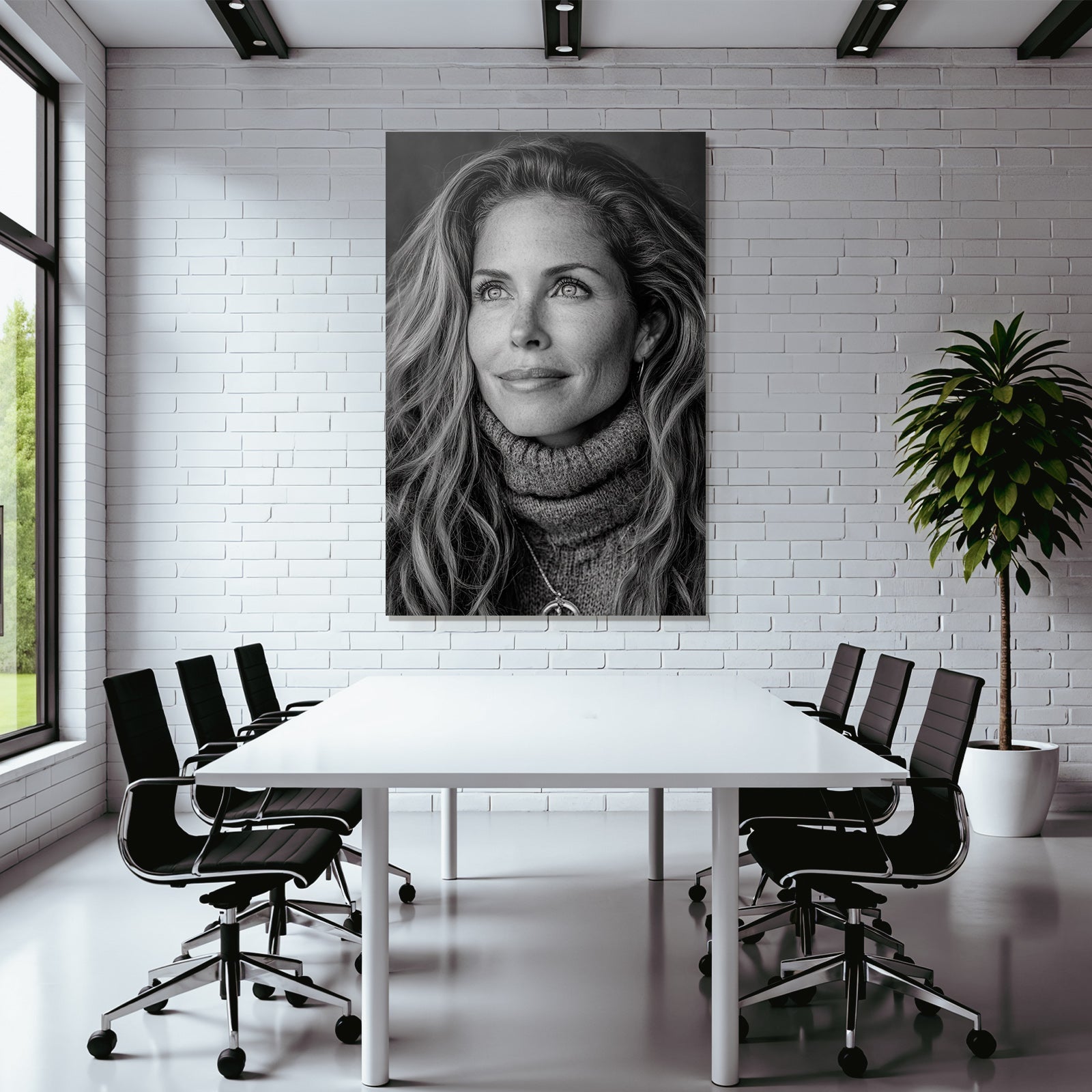 Schwarz Weisse Porträt Einer Frau Mit Langem Welligem Haar Im Turtleneck Sweater