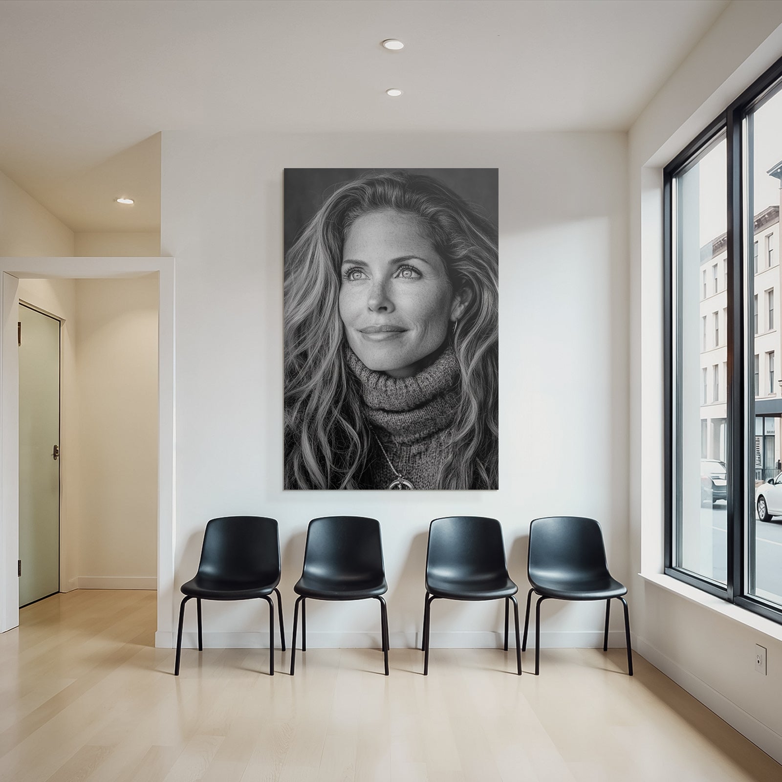 Schwarz Weisse Porträt Einer Frau Mit Langem Welligem Haar Im Turtleneck Sweater