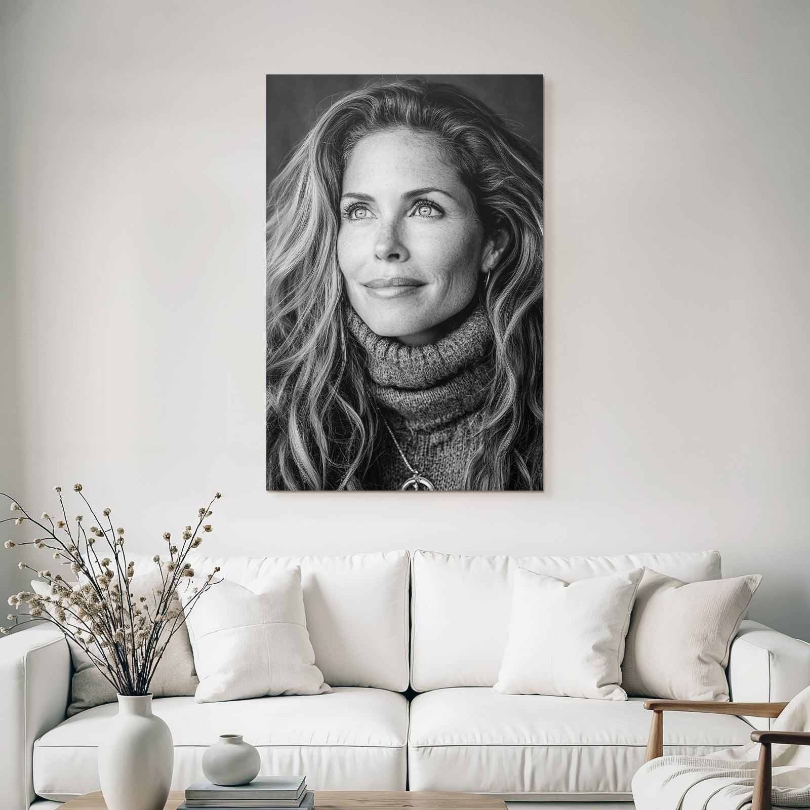 Schwarz Weisse Porträt Einer Frau Mit Langem Welligem Haar Im Turtleneck Sweater