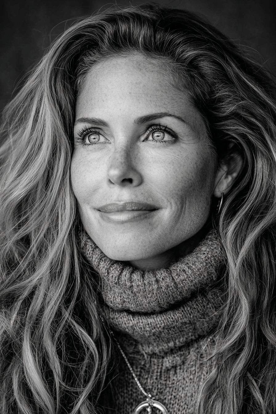 Schwarz Weisse Porträt Einer Frau Mit Langem Welligem Haar Im Turtleneck Sweater | Frauen und Maenner | Menschen und Emotionen