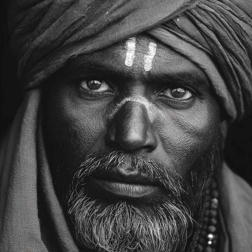 Schwarz Weiss Porträt Eines Mannes Mit Turban Und Gesichtsmarkierungen | Frauen und Maenner | Menschen und Emotionen
