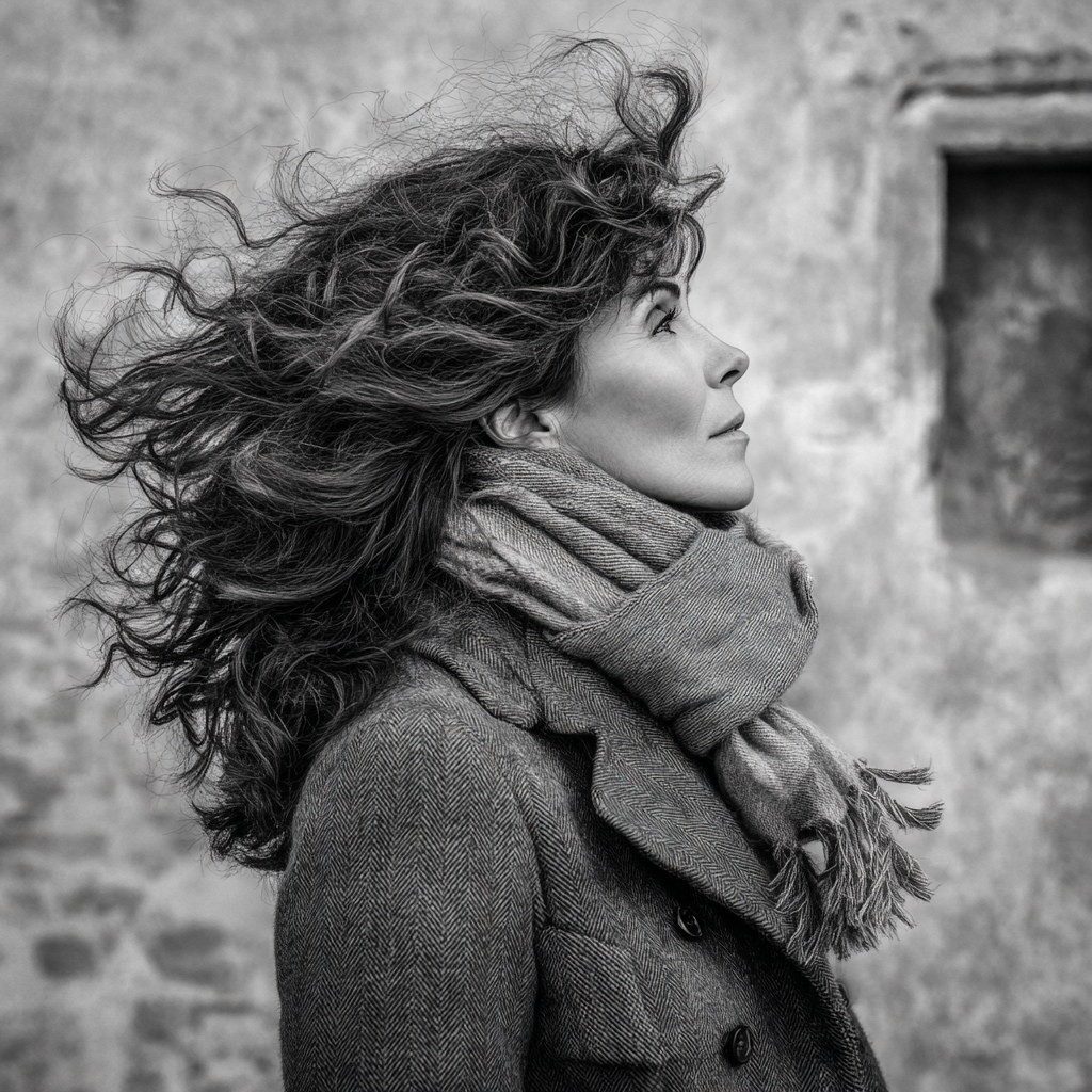 Schwarz Weiss Porträt Frau Mit Lockigem Haar Im Profil Im Wind | Frauen und Maenner | Menschen und Emotionen